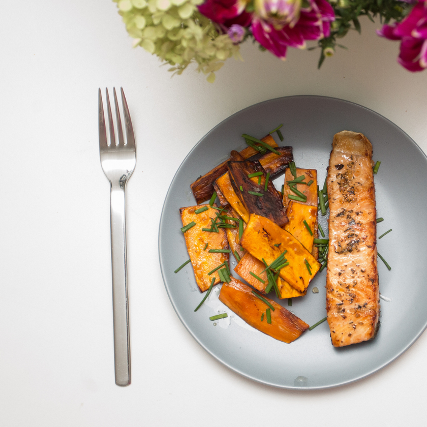 Pepper-Crusted Salmon With Sweet Potato Wedges